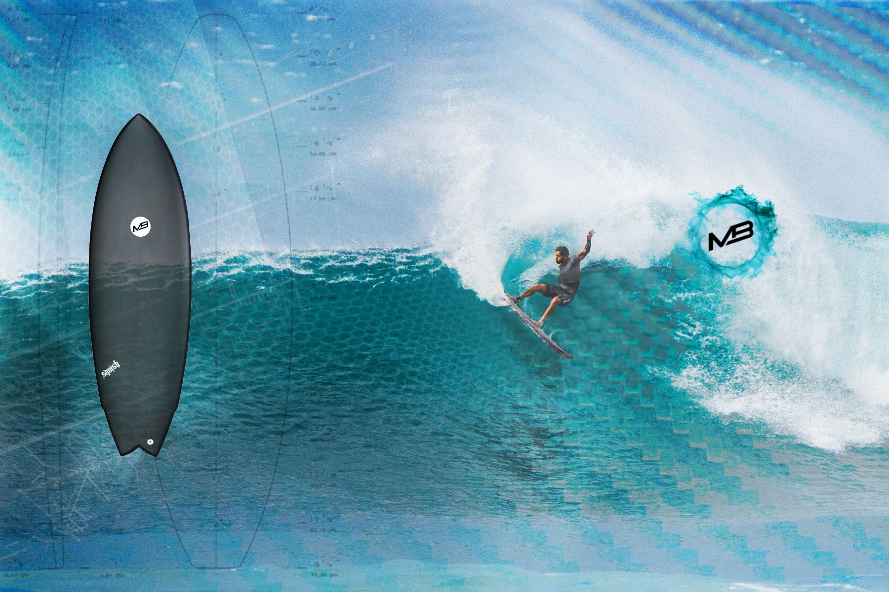 Banner corporatibo MB surfboards logo, surfista y tabla de surf